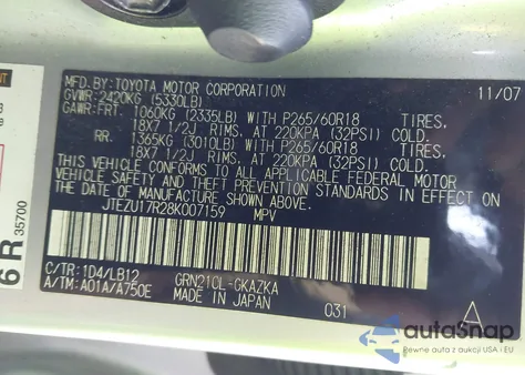 2008 Toyota 4Runner Limited V6 из США, поврежденный, VIN JTEZU17R28K007159